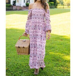 Cabana Life Brooklyn Puff Sleeve Maxi Dress in Pink Burgundy Square Neck - SMALL
